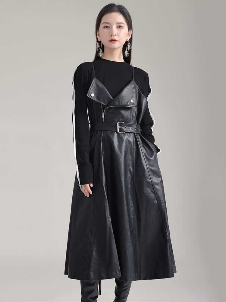 Elegant A-line knee-length Musset vegan leather dress in black, featuring a spaghetti strap and O-neck design.