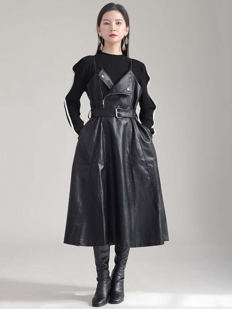 Musset Vegan Leather Dress in black, knee-length A-line silhouette with spaghetti straps and O-neck, perfect for stylish occasions.