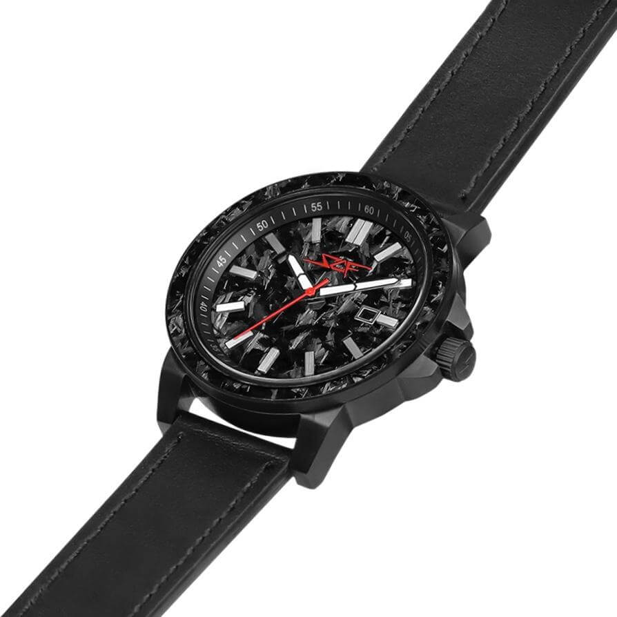 MONZA APOLLO Series forged carbon fiber watch with black leather strap and 42mm diameter, water resistant up to 50M.