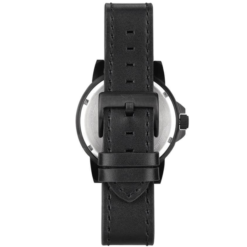 Back view of the STEALTH Apollo Series Carbon Fiber Watch with genuine leather strap and stainless steel case.