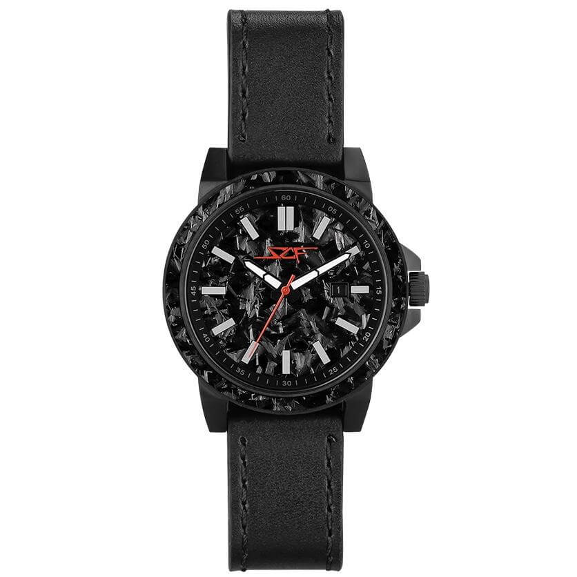 MONZA APOLLO Series forged carbon fiber watch with black leather strap, 42mm diameter, quartz movement, 50M water resistant.