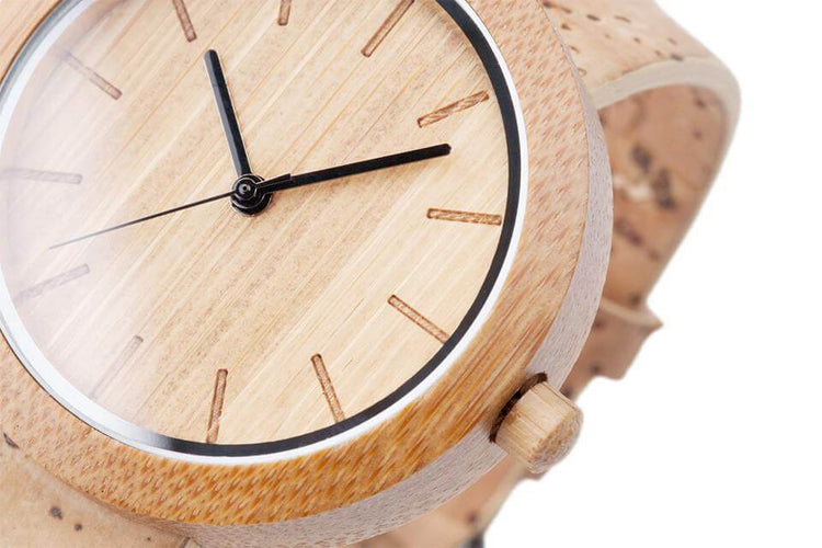 Eco-friendly Panda Watch featuring a minimalist bamboo face and cork strap, handcrafted for sustainable elegance.