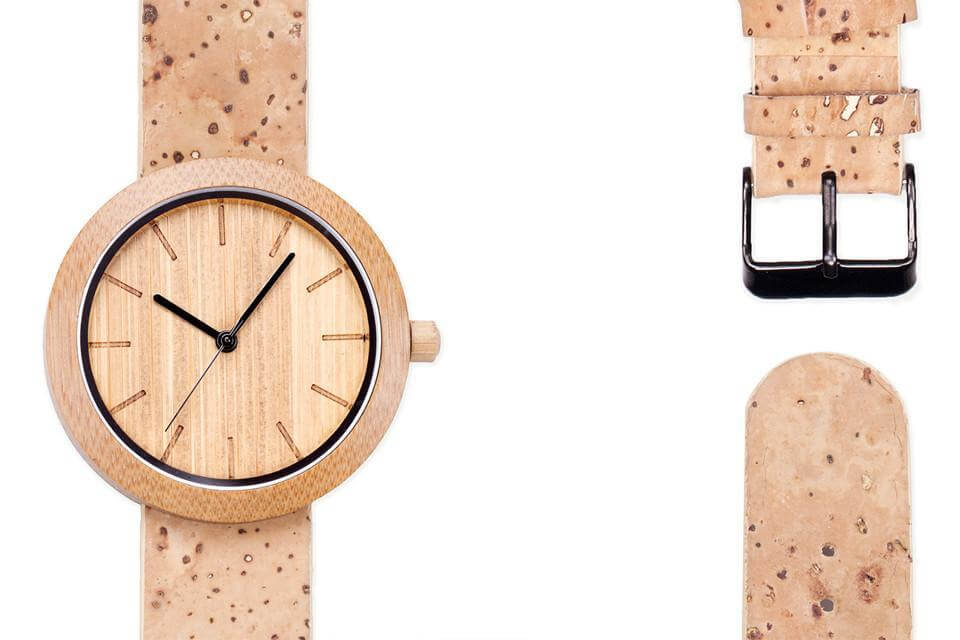 Eco-friendly Panda Watch with bamboo face and cork strap, showcasing sustainable minimalist design.