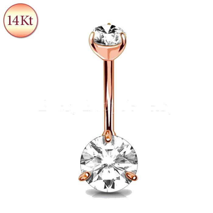 14Kt rose gold navel ring featuring clear round CZ on top and bottom with authentic gold stamp and externally threaded design.