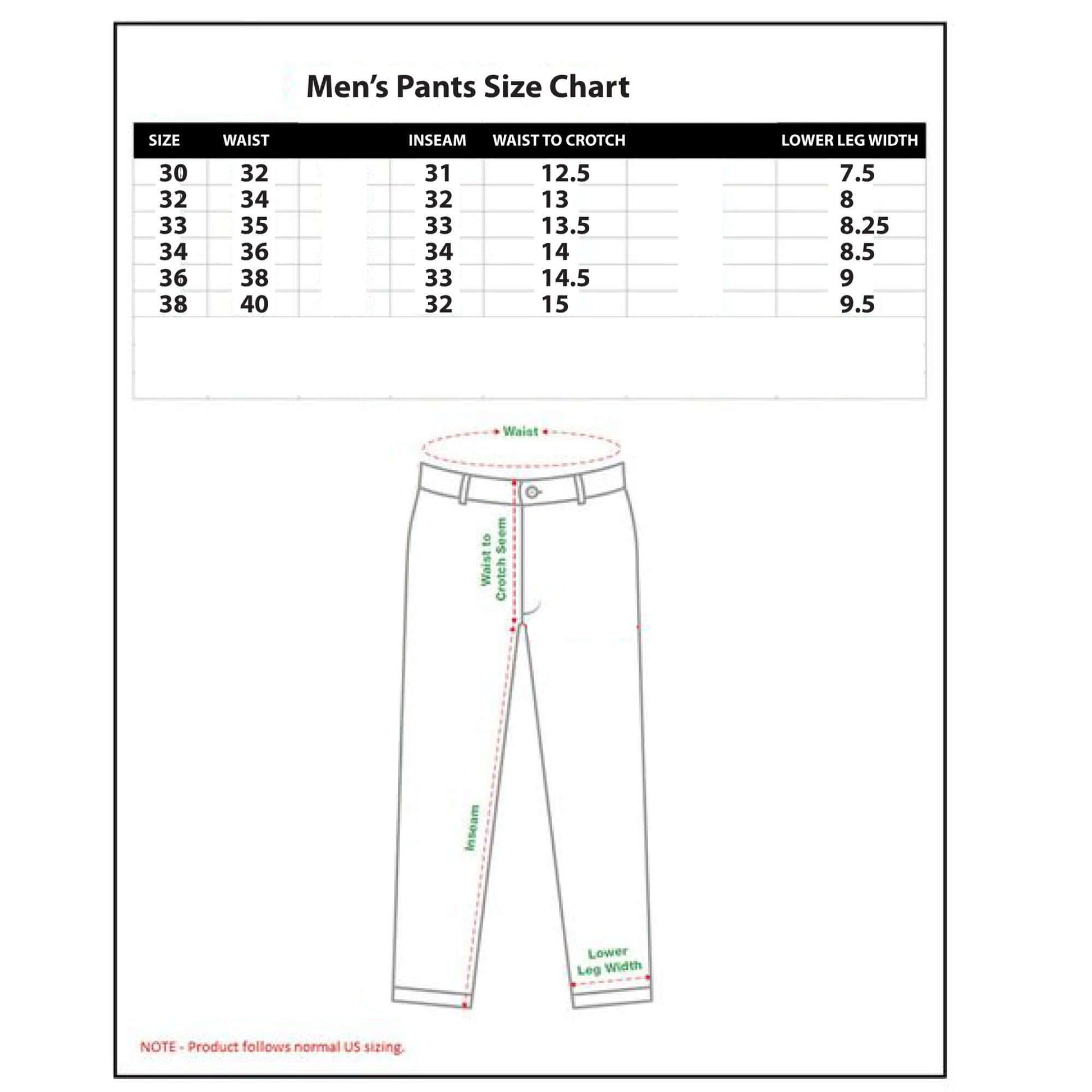 Men's pants size chart showing waist, inseam, waist to crotch, and lower leg width measurements.