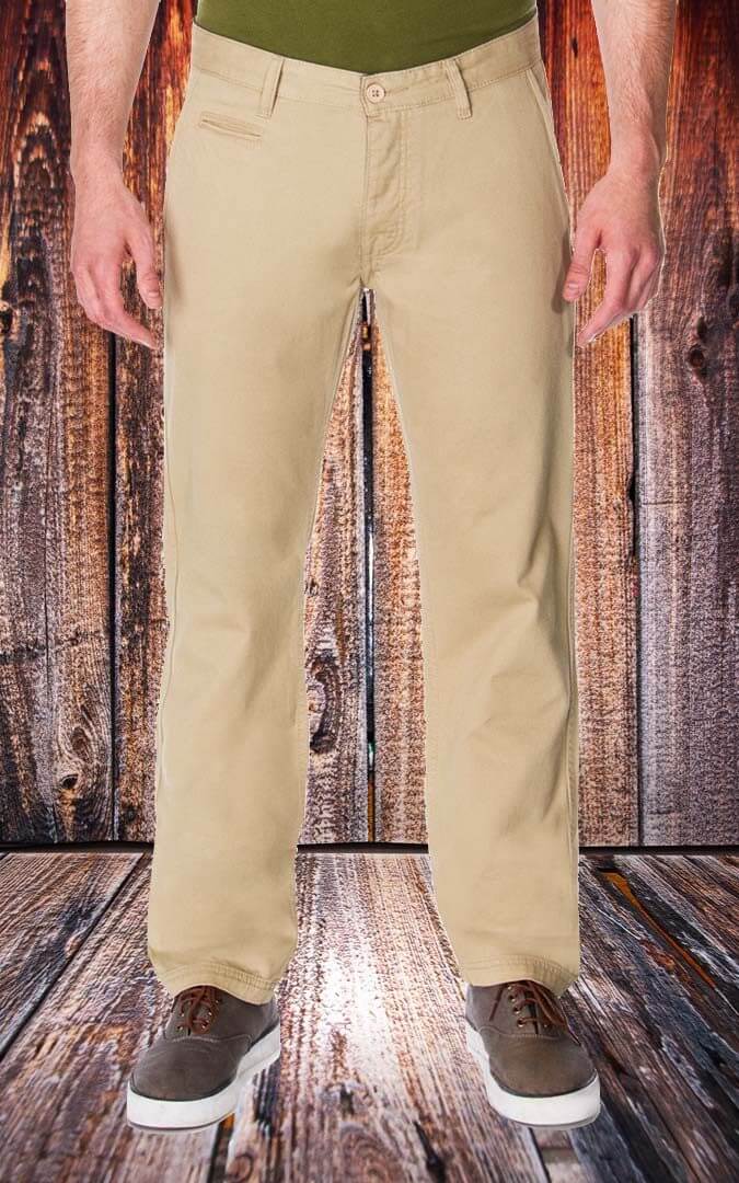 Men's khaki chino pant displayed, showcasing slim fit design and comfortable style, perfect for work or play.