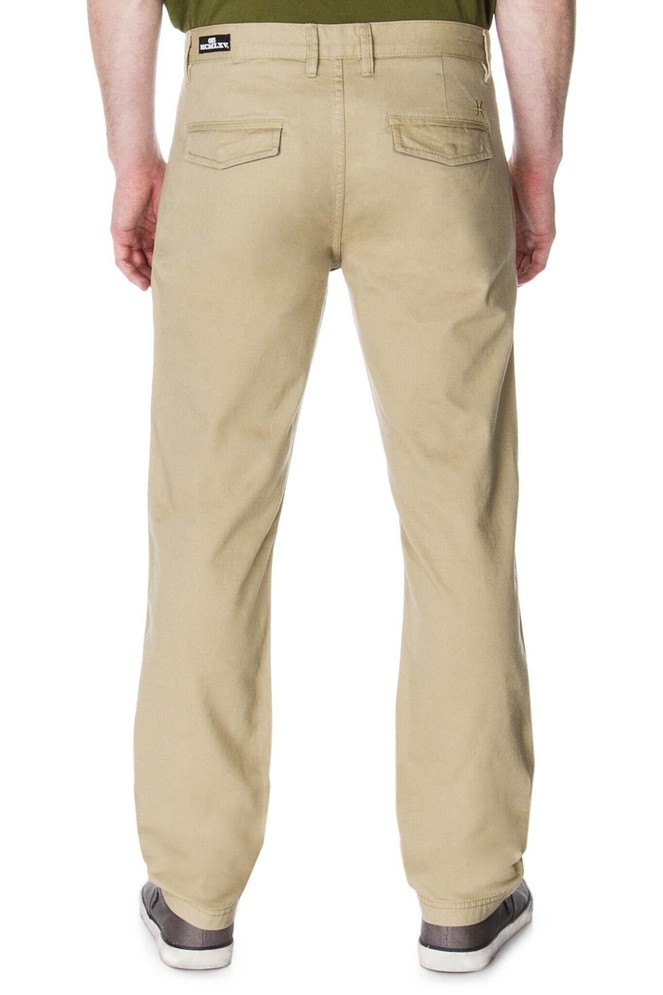 Back view of men's khaki chino pant, showcasing the slim fit design and pocket details for versatile style.