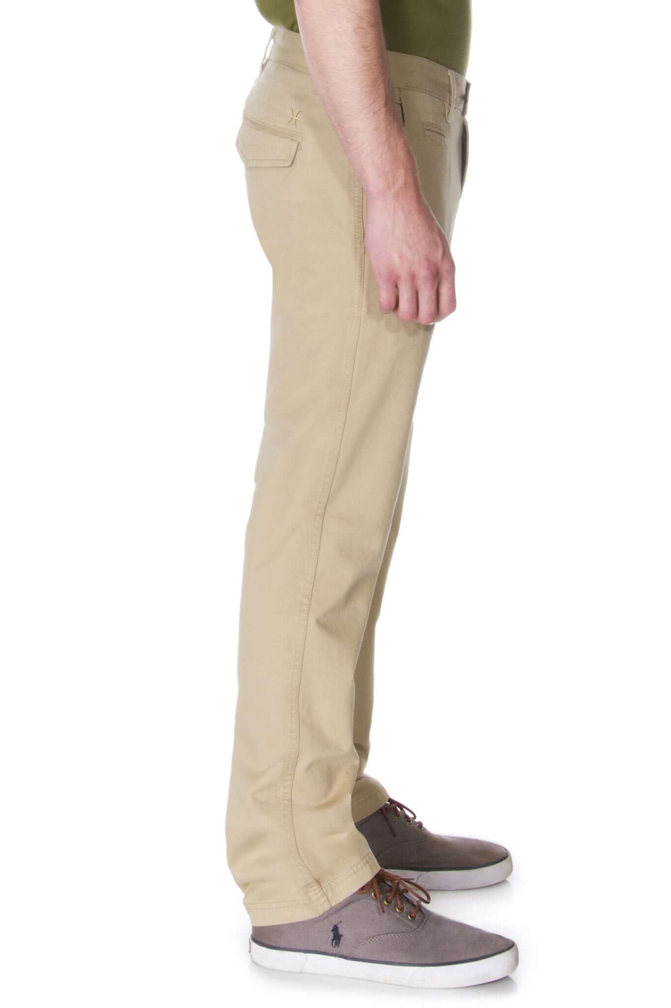 Side view of men's khaki chino pant, featuring slim fit design, perfect for casual or work attire.