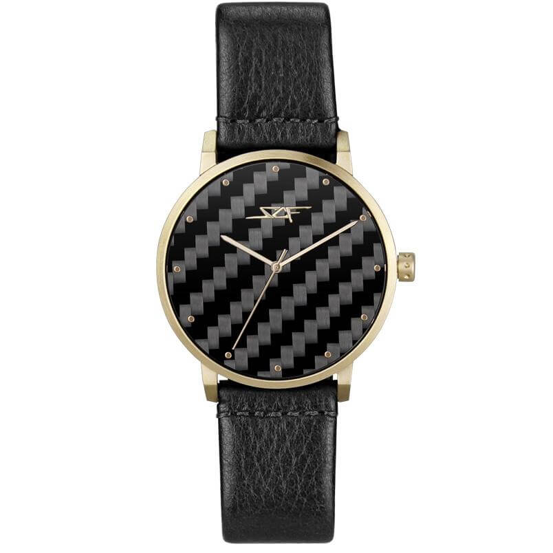 PHOENIX ALPHA Series Carbon Fiber Watch with black leather strap and gold accents, 40mm quartz timepiece.