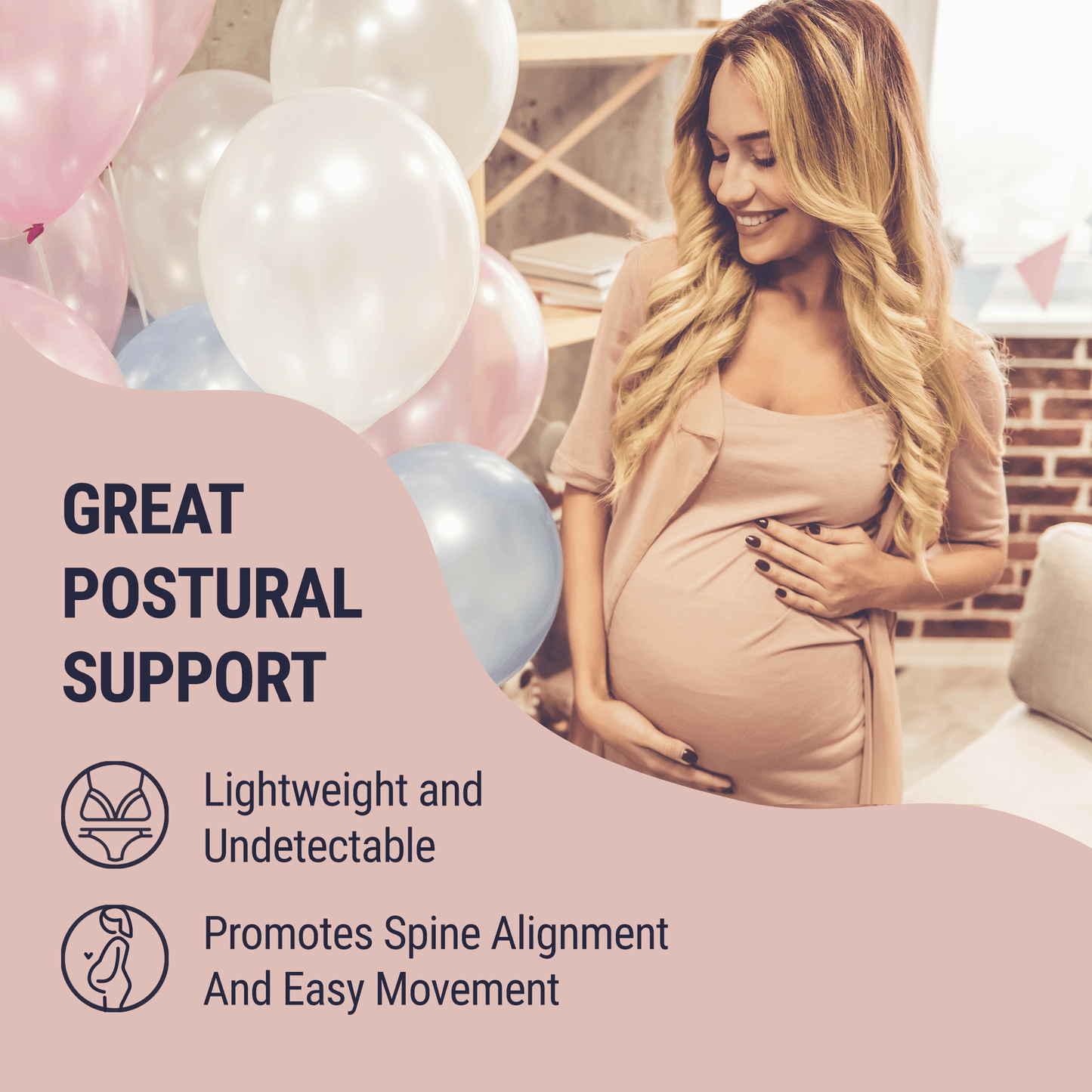 Maternity support garment promoting spine alignment, easy movement, and great postural support for pregnant women.