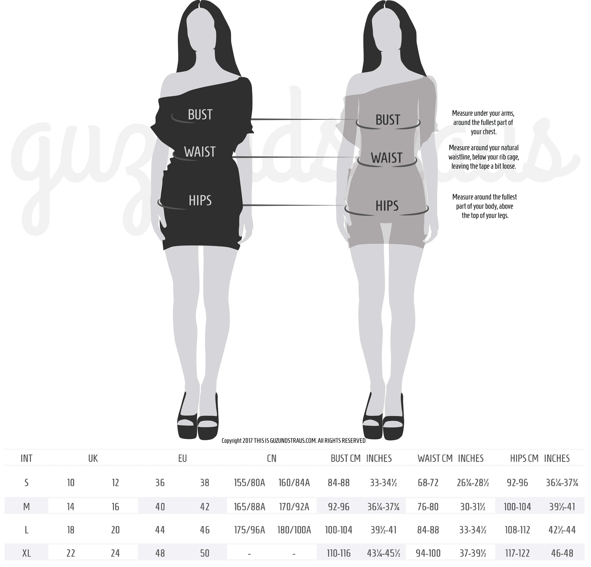 Size guide for GUZUNDSTRAUS dresses, illustrating bust, waist, and hip measurements for S, M, L, and XL sizes.