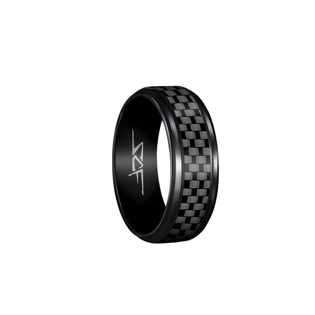 Real carbon fiber ring with gloss black PVD finish from the Slate Series, showcasing a stylish checkered design.