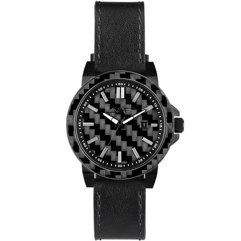 STEALTH APOLLO Series Carbon Fiber Watch with leather strap, 42mm, quartz movement, and 50M water resistance.