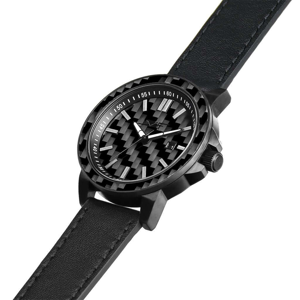 STEALTH APOLLO Series carbon fiber watch with black genuine leather strap and 42mm carbon fiber dial