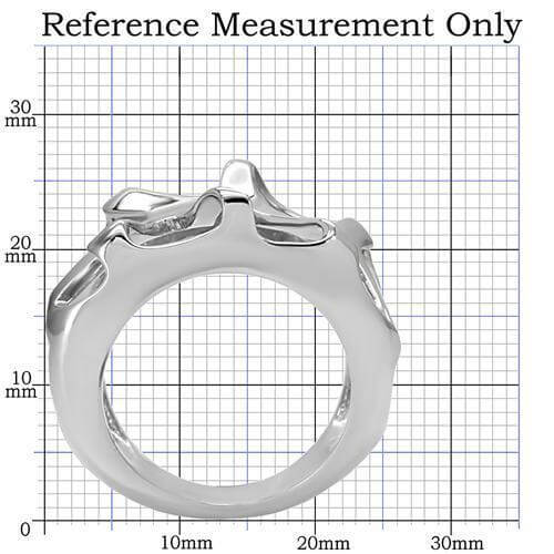 High polished stainless steel ring on measurement grid, showcasing a sleek and modern design without stone embellishments.