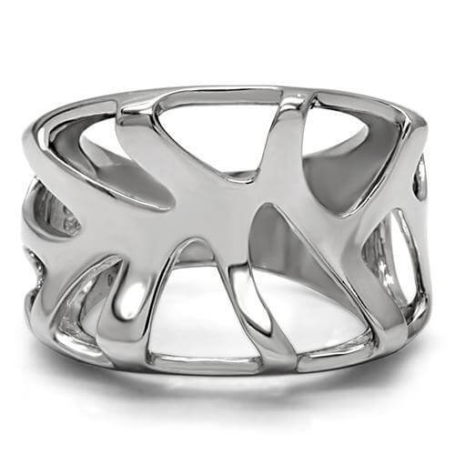 High polished stainless steel ring with a unique cut-out design, perfect for modern jewelry lovers.