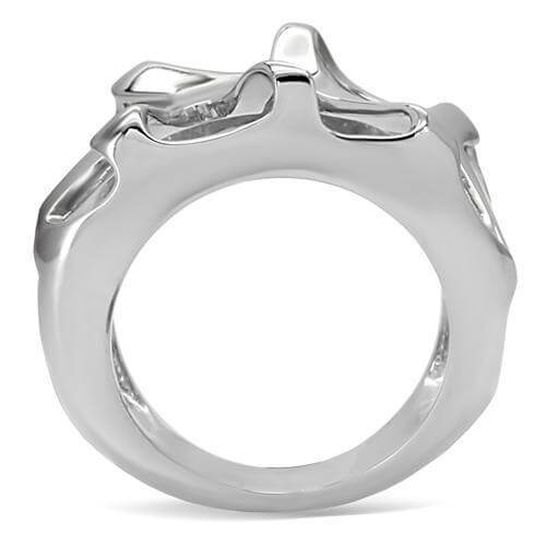 High polished stainless steel ring with unique design, showcasing a sleek, modern finish and no stone embellishments.