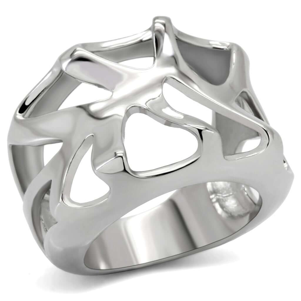 High polished stainless steel ring with unique cutout design, showcasing modern elegance and shine.