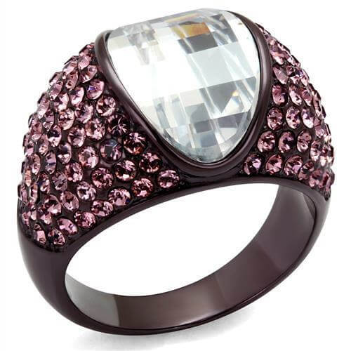 IP Dark Brown stainless steel ring featuring clear AAA grade CZ oval stone, surrounded by pink stones.