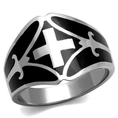 High polished stainless steel men's ring with black epoxy cross design on the surface.