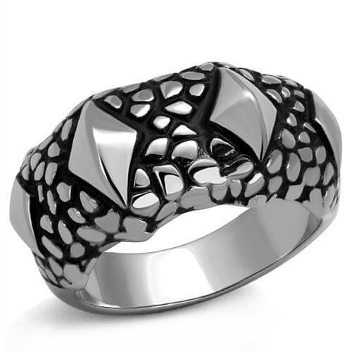 High polished stainless steel ring featuring textured design and jet black epoxy accents.