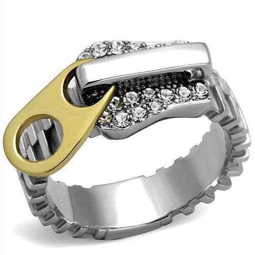 2-tone IP gold stainless steel ring with crystals, featuring a unique zip design and clear top-grade crystals.