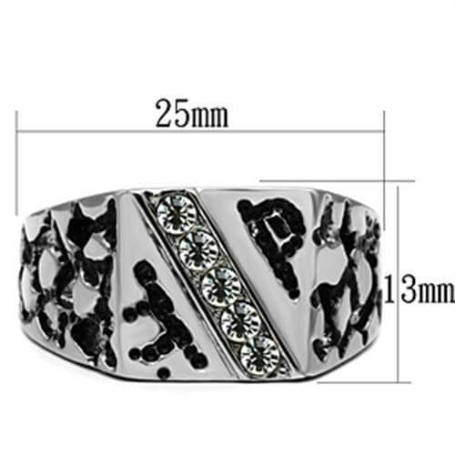 High polished stainless steel ring featuring clear top grade crystals, dimensions 25mm x 13mm.