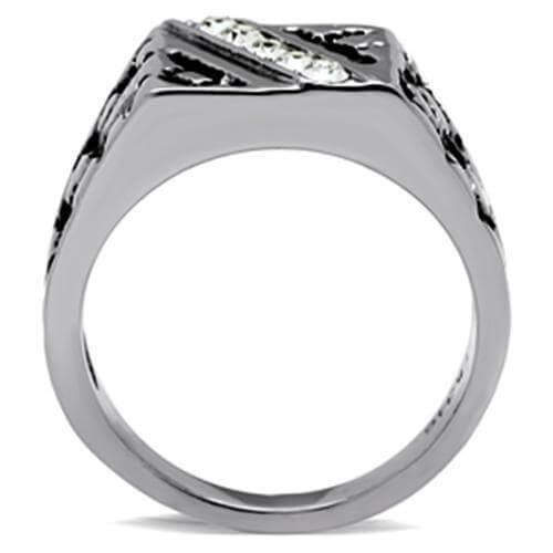 High polished stainless steel ring featuring clear top grade crystal, showcasing elegant design and shiny finish.