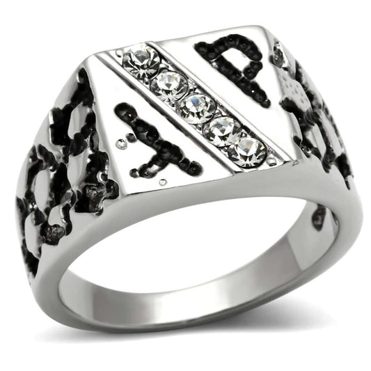 High polished stainless steel ring featuring clear top grade crystals for a sleek and stylish look.