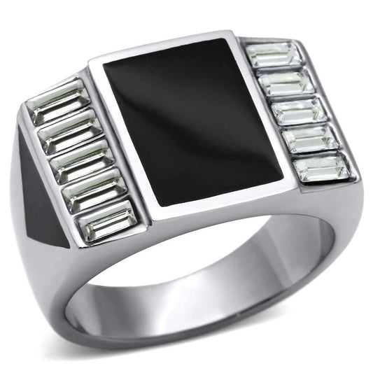 High polished stainless steel ring featuring clear top grade crystals and elegant black stone centerpiece.