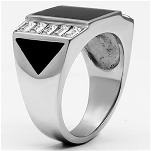 High polished stainless steel ring featuring black and clear top grade crystals in a modern design.