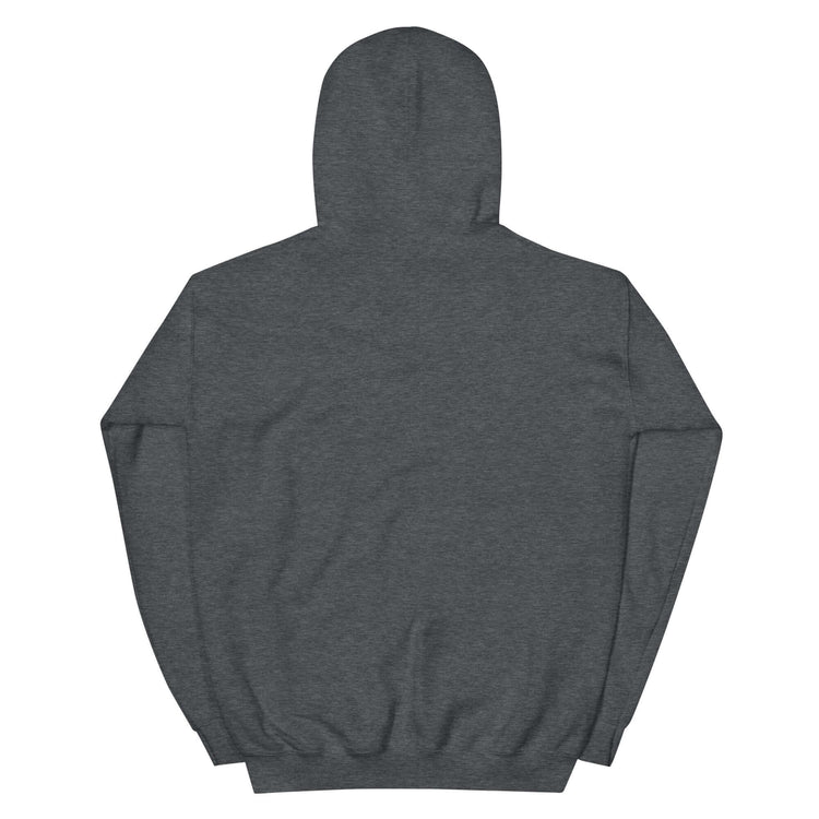 Back view of a unisex embroidered hoodie with the phrase &