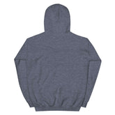 Back view of a unisex embroidered hoodie with the message &