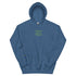 Unisex blue embroidered hoodie with text: &