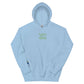 Blue unisex hoodie with embroidered text: &