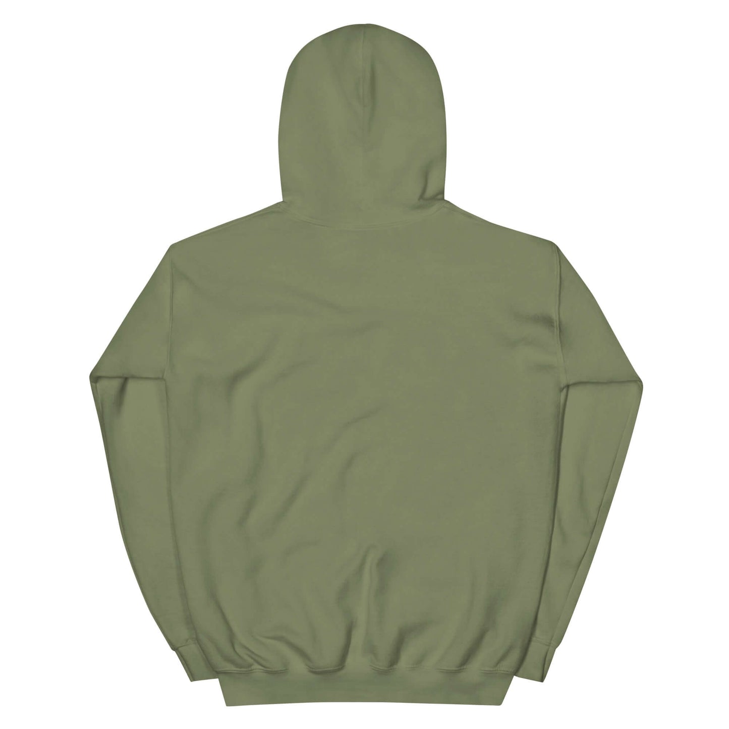 Rear view of unisex embroidered hoodie in olive green, emphasizing a Christianity lifestyle theme.