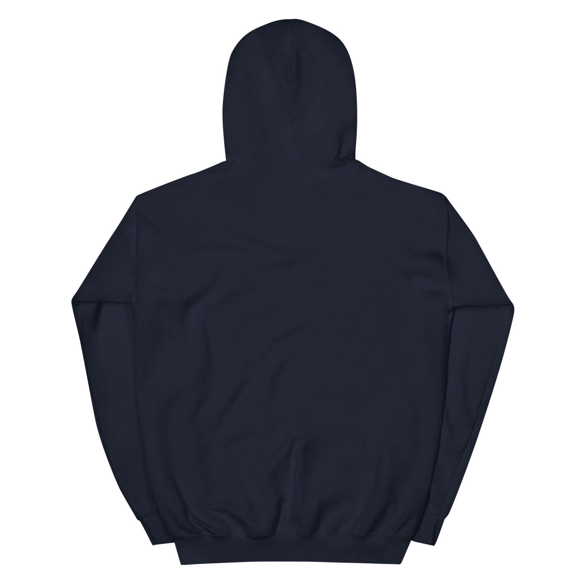 Back view of a unisex embroidered hoodie in dark color, emphasizing lifestyle of Christianity.