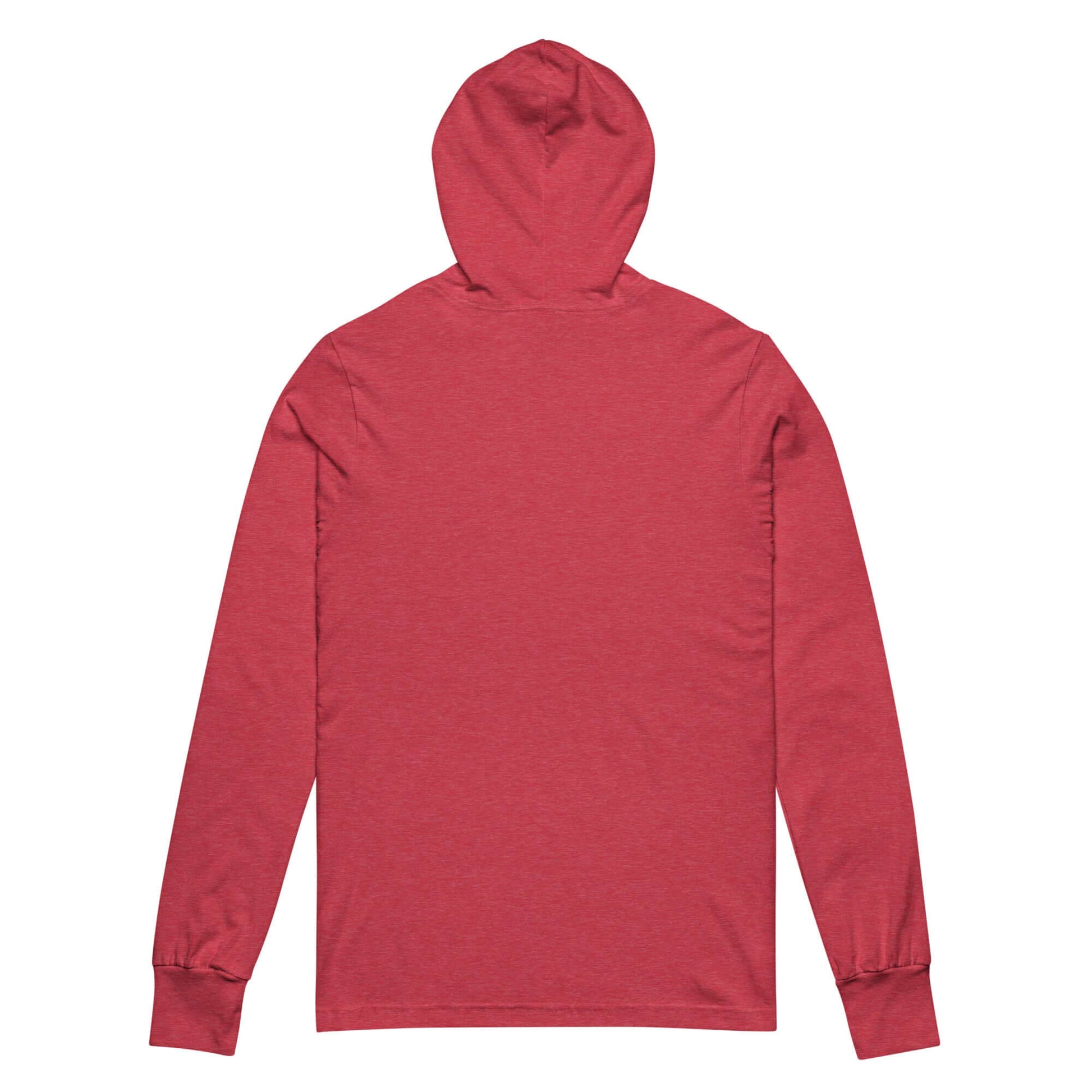 Back view of a red unisex hooded long-sleeve tee inspired by 2 Timothy 3:16-17.