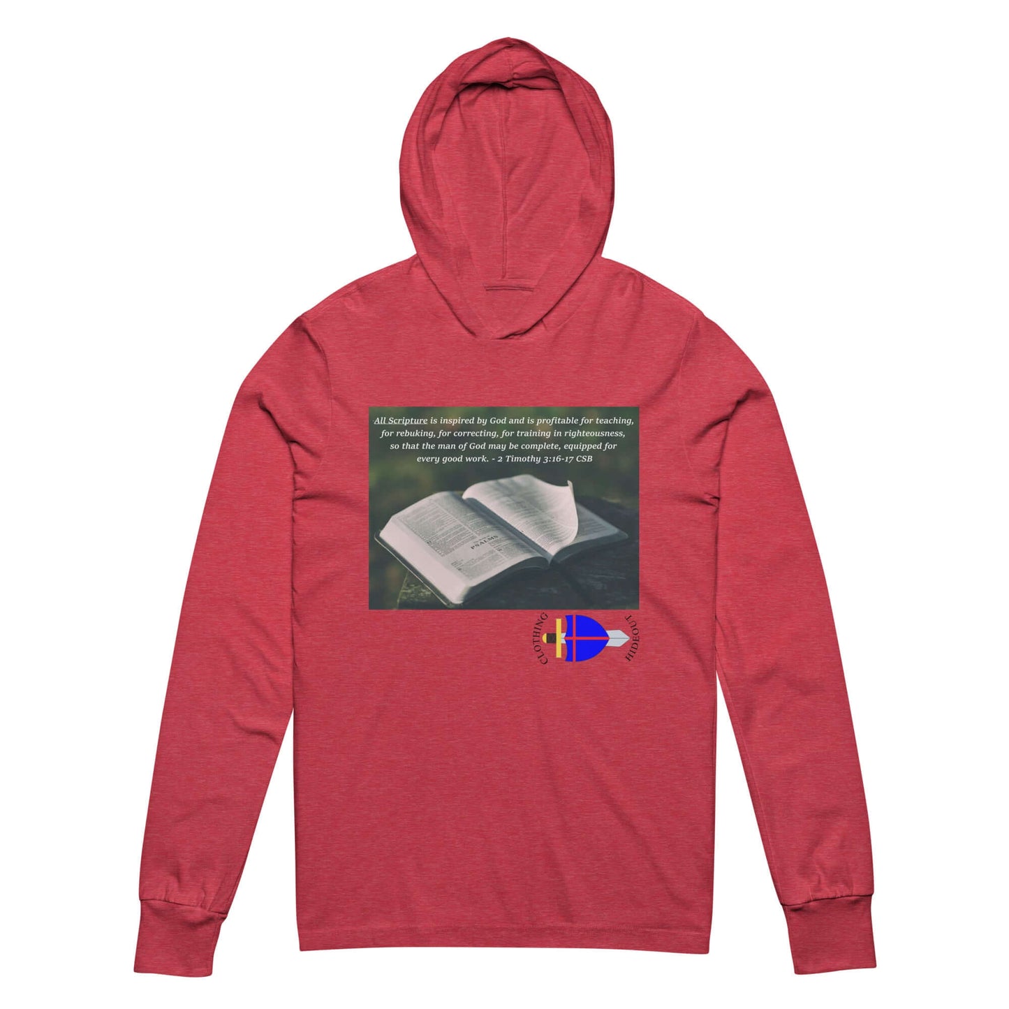 Red unisex hooded long-sleeve tee featuring an open Bible graphic and inspirational text from 2 Timothy 3:16-17.