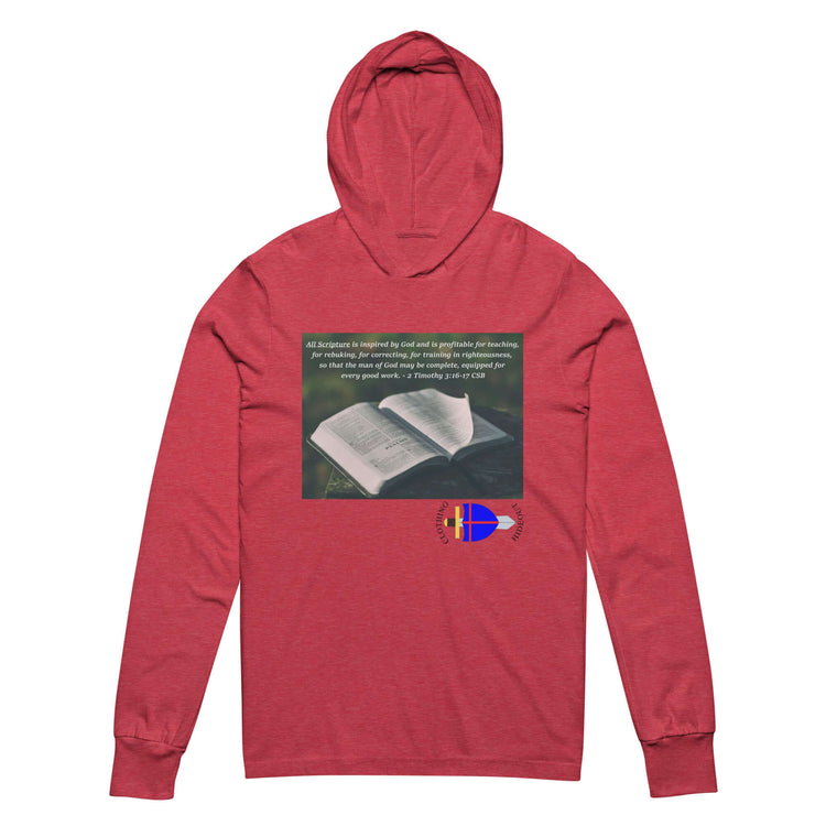 Red unisex hooded long-sleeve tee featuring an open Bible graphic and inspirational text from 2 Timothy 3:16-17.