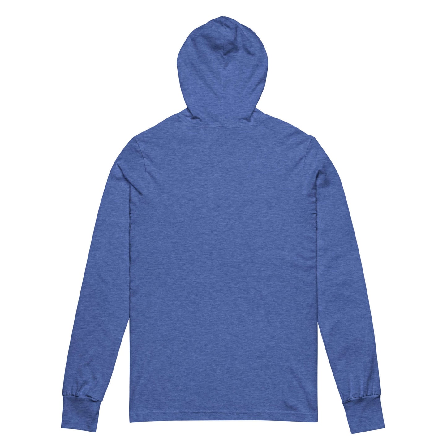 Back view of a unisex hooded long-sleeve tee in blue, ideal for casual wear and comfort.