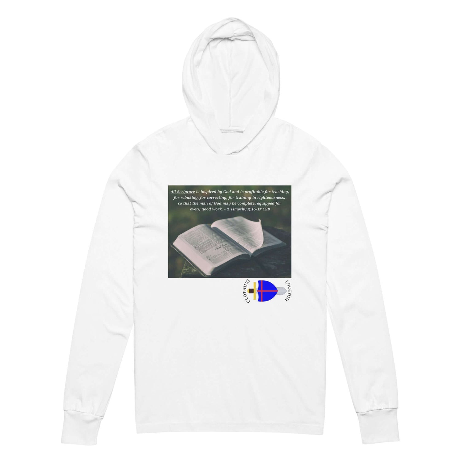 2 Timothy 3:16-17 unisex hooded long-sleeve tee featuring Bible inspiration quote.