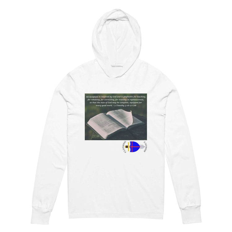 2 Timothy 3:16-17 unisex hooded long-sleeve tee featuring Bible inspiration quote.