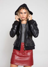 Annalise womens leather jacket with hoodie, zippered front, and four pockets. Stylish for cold days.